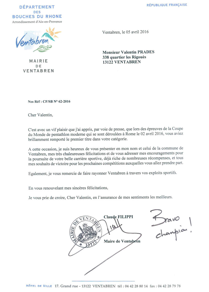 Courrier du Maire félicitations Valentin PRADES